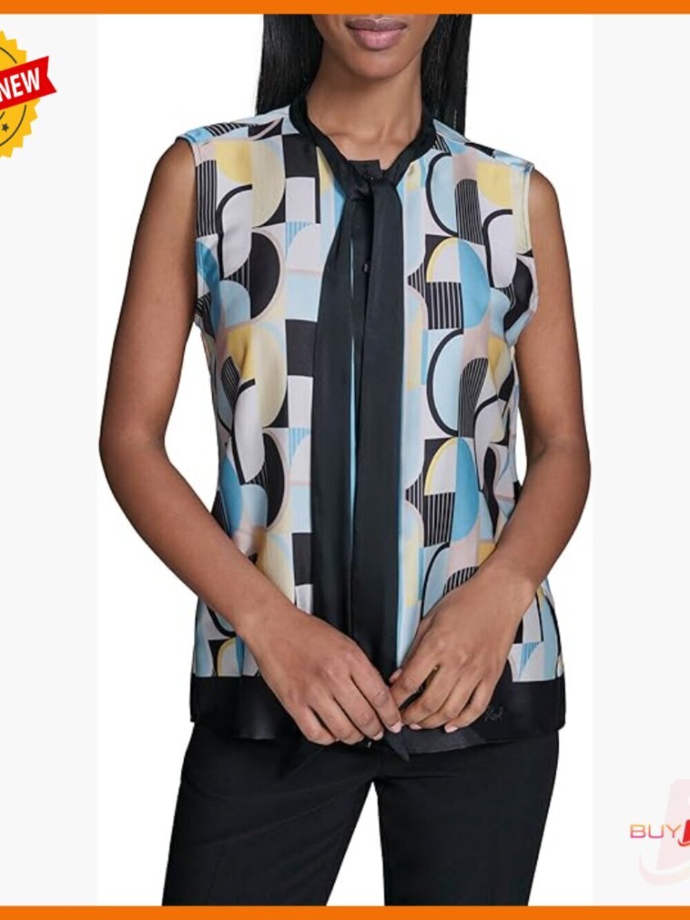 Sleeveless Printed Tie-Neck Blouse, Regular Fit, 100% Polyester, Long Length